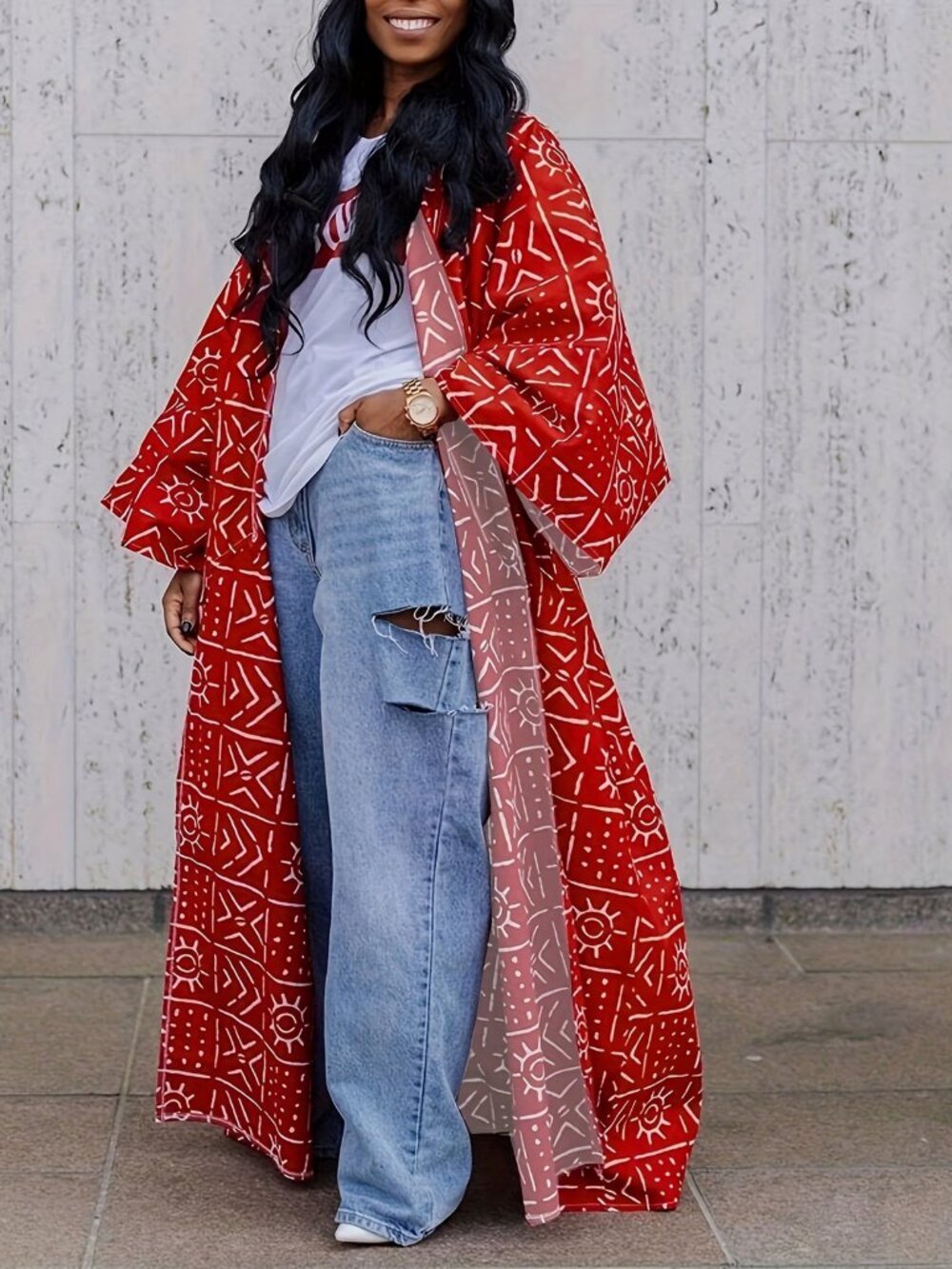 Chic Boho-Inspired Long Kimono Cardigan - Loose Fit, Open Front with Full Print